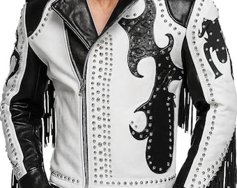 Blouson rocker western en cuir pour hommes - Manteau motard noir et blanc à franges cloutées - Festival Cowboy Fashion