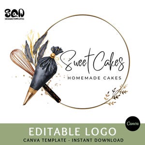 Logotipo editable de repostería en acuarela, logotipo para negocio de repostería DIY, logotipo de batidor dorado, logotipo de utensilios de repostería, monograma dorado para repostería, logotipo negro y dorado