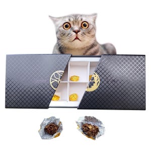 May include: A black gift box with a diamond pattern and gold detailing, containing individually wrapped chocolates. A grey and white cat with wide eyes looks over the box. The box has the word "Spring" on it.