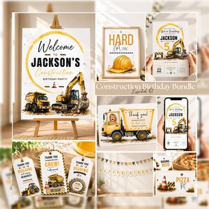 May include: A construction-themed birthday party bundle featuring a welcome sign, invitation, thank you tags, and banner. The designs include yellow dump trucks, excavators, hard hats, and traffic cones with text like Welcome to Jackson's Construction.