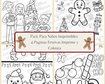 Láminas de Navidad para Colorear | Pakiet 4 Dibujos Infantiles | Niedrukowany plik PDF |  Aktywacja Escolares