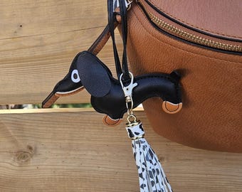 Dachshund Purse Charm: Faux Leather Dog Keychain with Leopard Tassel