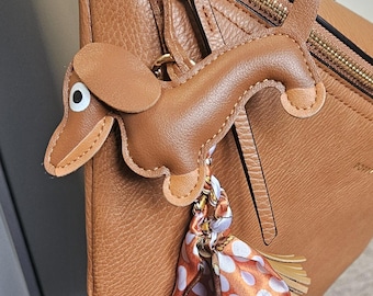 Dachshund Purse Charm: Faux Leather Dog Bag Accessory with Scarf