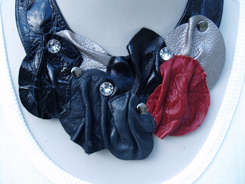 Black Leather Croc Bib Necklace with Color Circles image 3