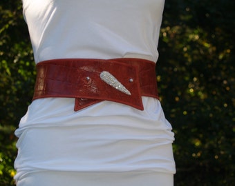 Deep Dark Red Leather "Croc" Belt with Rhinestone Accent and Button Snap Closures