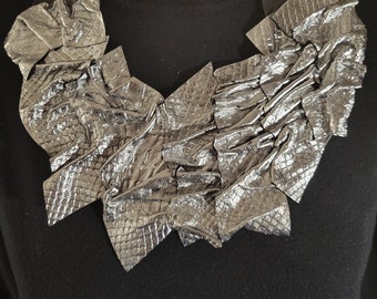 Metallic Silver Foil Croc and Black Leather Bib Necklace
