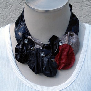 Black Leather Croc Bib Necklace with Color Circles image 2