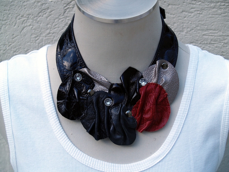 Black Leather Croc Bib Necklace with Color Circles image 2