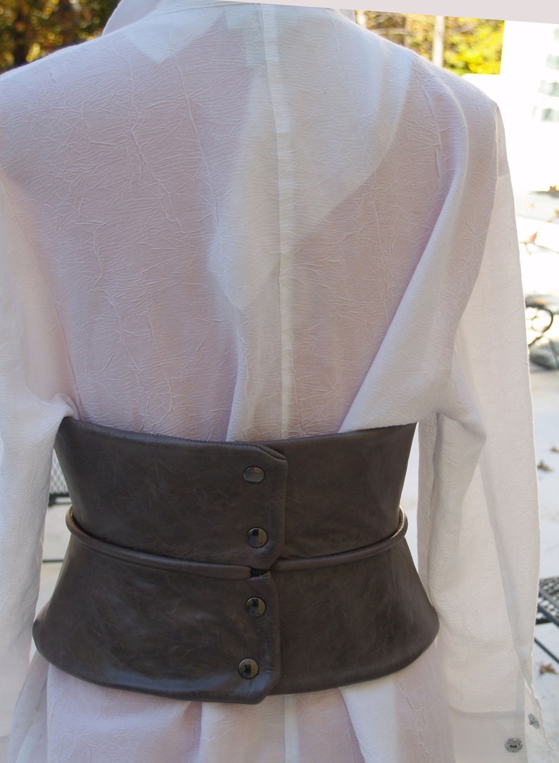 SALE Distressed Gray Leather Obi Cinched Waist Corset Peplum Belt image 8