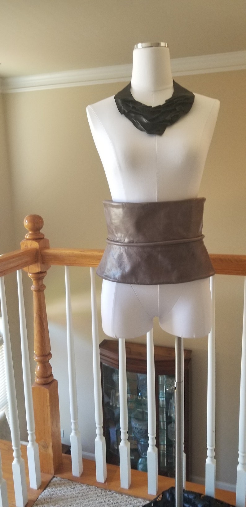 SALE Distressed Gray Leather Obi Cinched Waist Corset Peplum Belt image 1