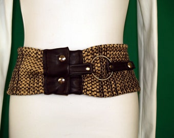 Tan and Black Belt with Black Leather Trim - Side Circle and Snap