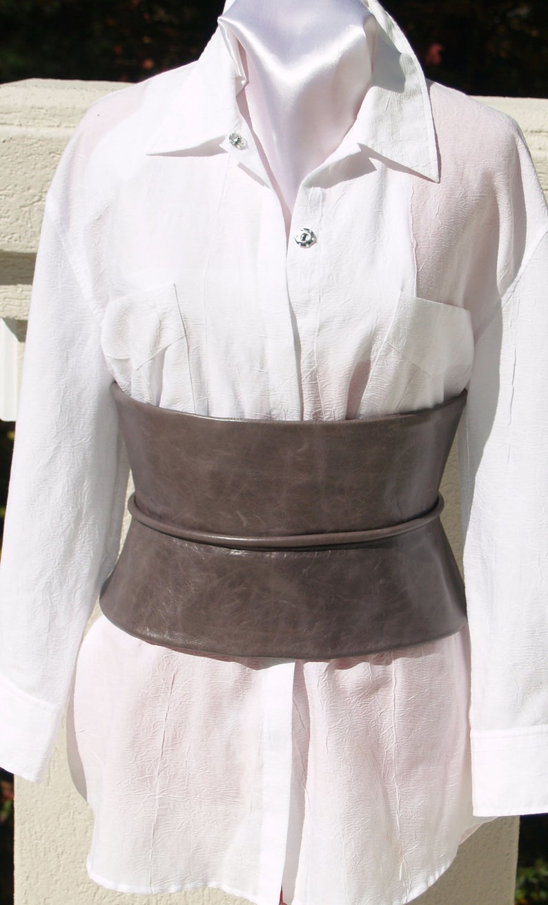SALE Distressed Gray Leather Obi Cinched Waist Corset Peplum Belt image 9