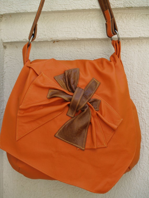 Orange Tangerine and Tan Leather Hobo Handbag with Scrunched | Etsy