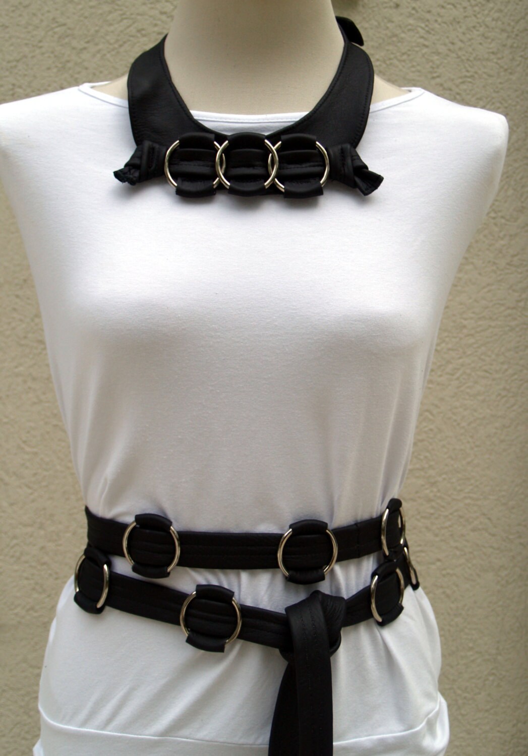 Black Leather Bib Necklace With Silver Rings - Etsy
