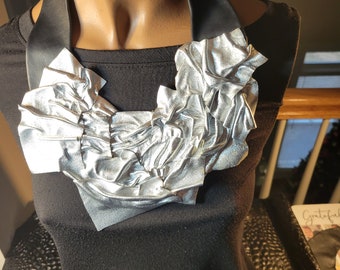 Metallic Silver Foil and Black Leather Bib Necklace