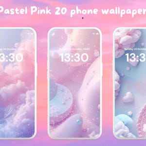 May include: Three smartphone screens displaying pastel pink wallpapers. The screens show dreamy designs with clouds, abstract shapes, and floral elements. Each screen displays the date and time: Sunday, October 15, 2040, at 1:30 PM. The text "Pastel Pink 20 phone wallpapers" is at the top.