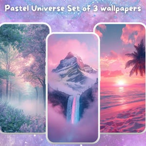 Peut inclure: Ensemble de trois fonds d'écran pour téléphone avec des paysages pastel. Les images comprennent une forêt, une montagne avec une cascade et une plage au coucher du soleil. Le texte "Pastel Universe Set of 3 wallpapers" est affiché en haut.