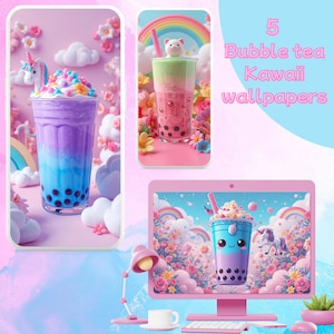 Peut inclure: Collection de cinq fonds d'écran kawaii sur le thème du bubble tea. Les images présentent des boissons bubble tea colorées avec des décorations mignonnes, des arcs-en-ciel et une licorne. Le texte "5 Bubble tea Kawaii wallpapers" est affiché.