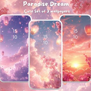 Peut inclure: Trois écrans de téléphone affichant des fonds d'écran numériques à l'esthétique pastel et rêveuse. Les fonds d'écran présentent des lanternes flottantes, des fleurs de cerisier et un ciel doux et nuageux. Le texte "Paradise Dream" et "Cute Set of 3 wallpapers" sont visibles.