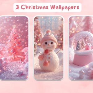 May include: Three phone screens displaying Christmas-themed wallpapers. The wallpapers feature a pink Christmas tree, a snowman wearing a hat and scarf, and a snow globe with a house and trees. The text "3 Christmas Wallpapers" is at the top.