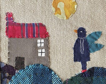 The First Light, Original Textilkunst Hand bestickt, gemütliche Wanddekoration mit Vögeln, Original handgefertigte Kunst, blauer Vogel Kunst