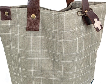 Wolle karierter & grüner Cord Tote, zweifarbige Einkaufstasche, Wolle Tote mit Fallen aus echtem Leder, handgefertigte Wolle Tasche