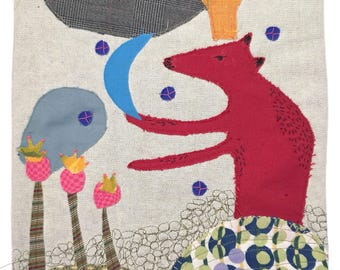 Original Hirsch Textilkunst, Textilkunst, Faser-Collage, besticktes Wanddekor (30x25cm)