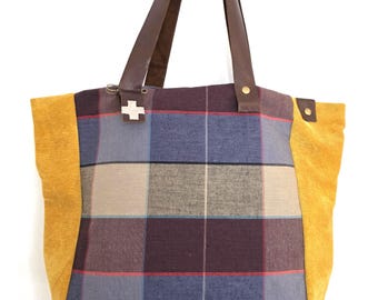 Handgemachte karierte Leinen Einkaufstasche, Cord Panel, Lederriemen