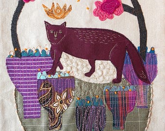 Original Katze Textilkunst, Faser Collage, Textil Illustration, Faser Kunst, Stoff Collage, Wanddekoration, wunderliche Kunst, Stickkunst.