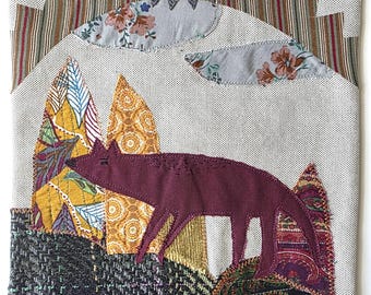 Coyote Stoffcollage, Textilkunst, wunderliche Wanddekoration