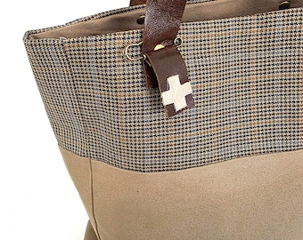 Wolltweed und Canvas-Tasche, gemütliche Dune-Tasche mit echten Lederriemen, klassische zweifarbige Tasche, neutrale Wolle und Baumwolltasche,