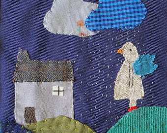 Hand bestickte Textilkunst, gemütliches Vogel-Wanddekor 15 x 15 cm