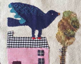 Handbestickte Textilkunst, Dachwächter, Vogel-Wanddekor