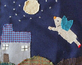 Hand bestickte Textilkunst, Mitternachtstraum, Vogel-Wand-Dekor