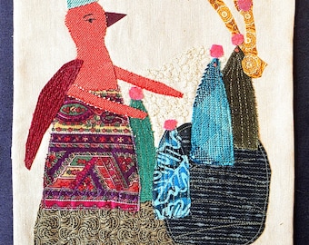 Original Bird Textile Art, Fiber Collage, Whimsical Embroidered Wall Decor