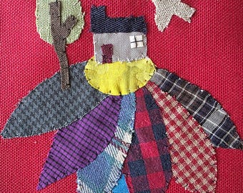 Das Herz der Blume, Original Textilkunst Hand bestickt, gemütliche Wanddekoration mit Vögeln, Original handgefertigte Kunst, blauer Vogel Kunst