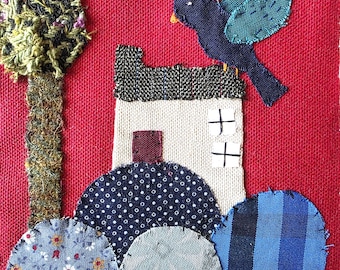 Handbestickte Textilkunst, Vogel auf Haus, gemütliche Wanddekoration 15 x 15 cm