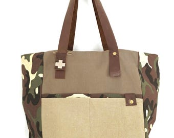 Handgemachte Camouflage Canvas Tasche, Lederhenkel