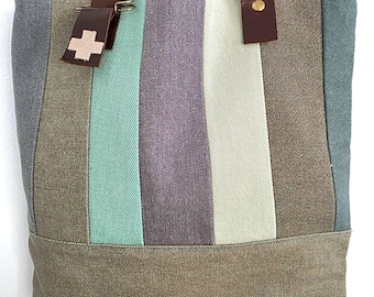 Artisan Denim Patchwork Einkaufstasche, Einzigartige Blau-Grüne Streifen-Tasche, Echtleder Griffe Einkaufstasche, Exklusive Designer Canvas Tasche
