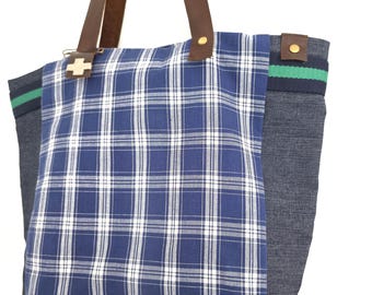 Klassische Color Block Tasche, Handgefertigte Tasche mit kariertem/gestreiftem Akzent, Karierte oder Gestreifte Canvas Tasche mit Echtlederriemen