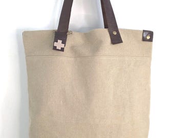 Gewaschene Denim Tragetasche, Echtleder Griffe Tasche, Minimalistische Canvas Geldbörse mit Messingnieten, Klassische Beige Canvas Einkaufstasche