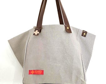 Handgemachte Leinentasche, Gestreifte Baumwolle, Lederriemen