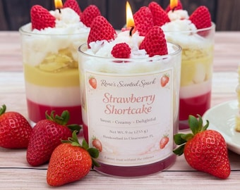 Hand Poured Strawberry Shortcake Candle | Whipped Wax Dessert Candle | Birthday Gift for Her | Coconut Wax Scented Candle