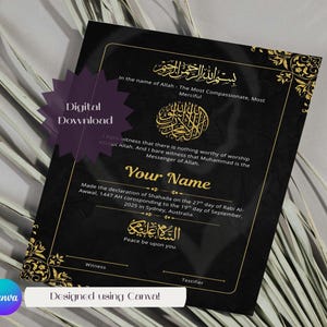 May include: A black and gold digital download certificate with Arabic calligraphy and English text. The certificate includes the text "Your Name" and "Peace be upon you." The design is framed with gold floral accents and the Canva logo is visible.