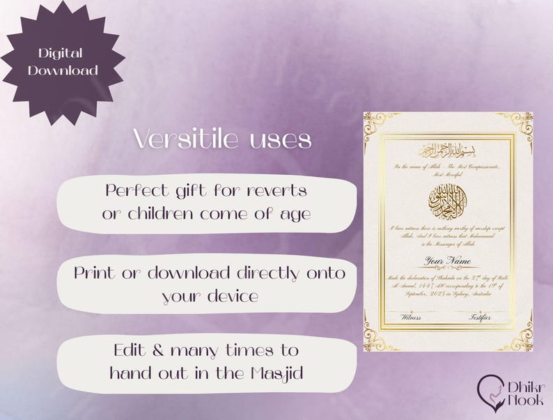 May include: A digital download certificate with gold accents and Arabic calligraphy. The certificate includes the text "Your Name" and is suitable for reverts or children. The image also includes the text "Digital Download" and "Versatile uses."