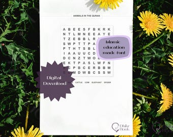 Islamic Homeschool, Animals in The Qur’an Education, Qur’an School Digital Download, Surah Digital Education, Learn by Find-A-Word Printable