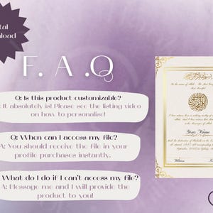 May include: Digital download featuring an FAQ section and a decorative certificate with Arabic calligraphy and gold accents. The certificate includes space for a name and the date.