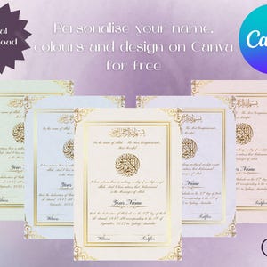 May include: Digital download featuring personalized certificates with gold accents and Arabic calligraphy. The certificates are available in various pastel colors and are customizable on Canva. The image includes the text "Personalise your name, colours and design on Canva for free."