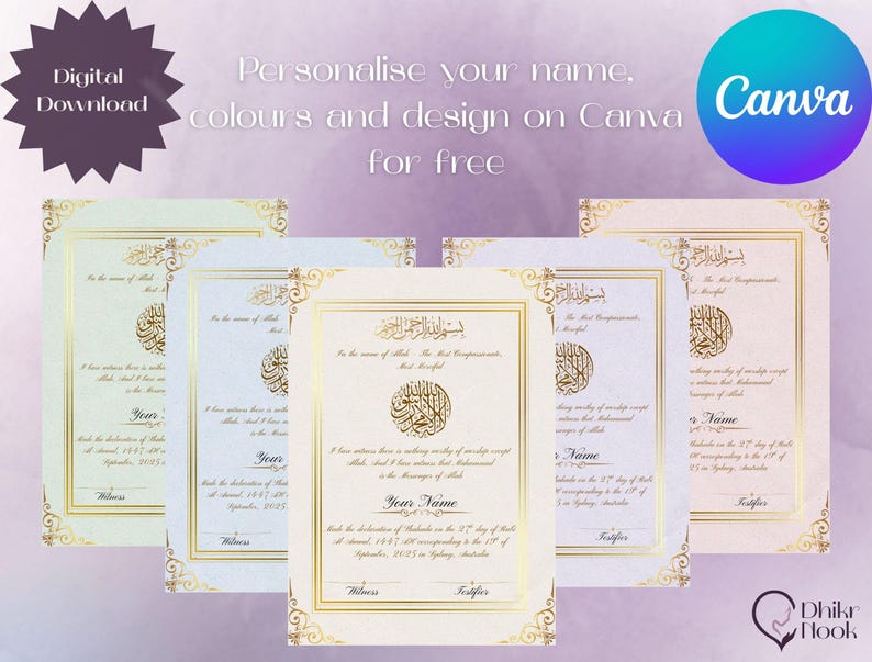 May include: Digital download featuring personalized certificates with gold accents and Arabic calligraphy. The certificates are available in various pastel colors and are customizable on Canva. The image includes the text "Personalise your name, colours and design on Canva for free."
