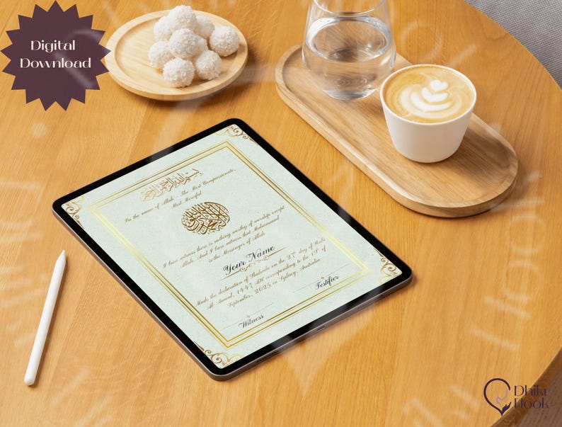 May include: A digital download certificate on a tablet, featuring gold calligraphy and a decorative border. A white stylus rests beside the tablet. The scene includes a cup of coffee, a glass of water, and a plate of white treats on a wooden table.